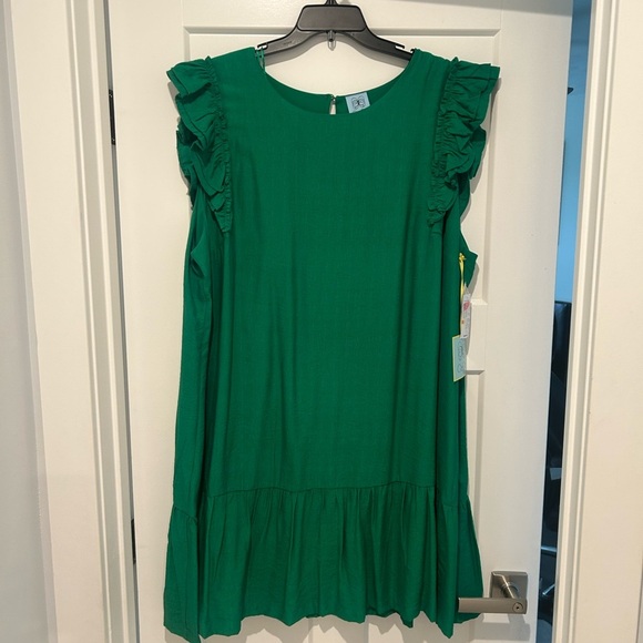 NWT green CeCe Women’s Plus Size 24W lined and linen dress with ruff details - Picture 2 of 7